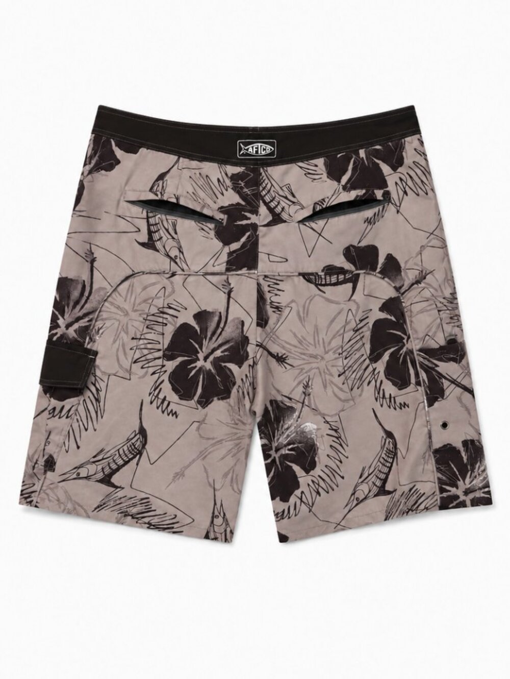 AFTCO Men’s Board Shorts Size Large Gray Black Hibiscus Fish Print Swim Trunks - Picture 3 of 6